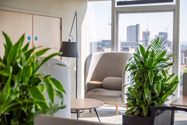 Interior of Glassworks contemporary office featuring green plants and stylish chairs for a comfortable workspace